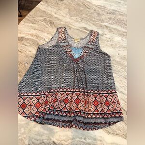 One World Boho Geometric Tank Crochet Neckline Size XL